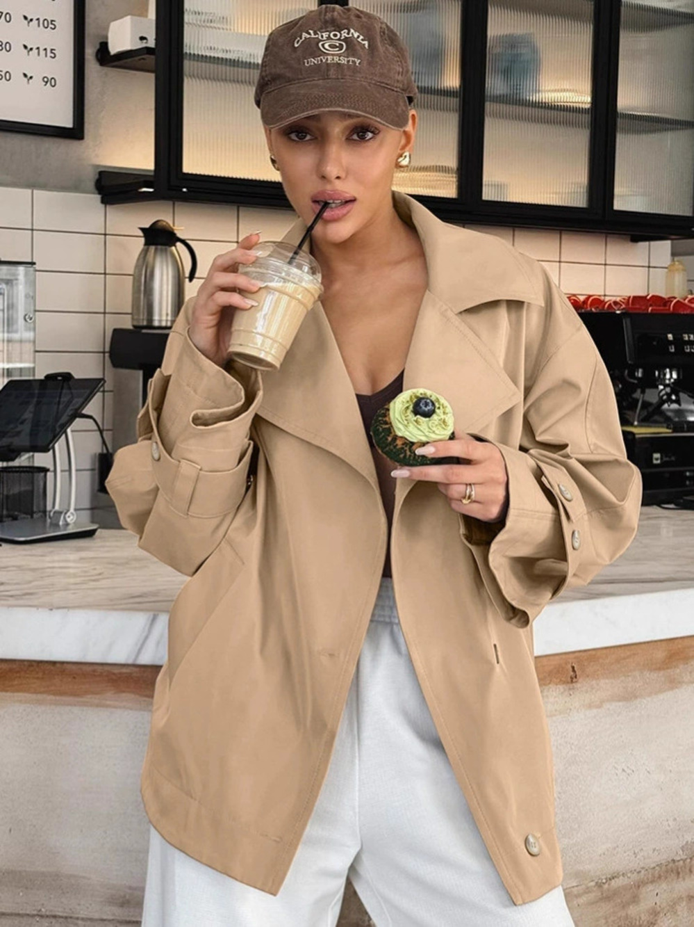 Forever 21 Vintage Autumn Trench Coat Oversized Wide Lapel Khaki Mid Length